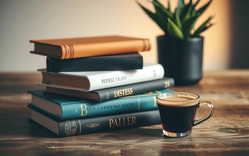 Una pila di libri e una tazza di caffè su un tavolo di legno, con una pianta verde, a simboleggiare la lettura e la riflessione.