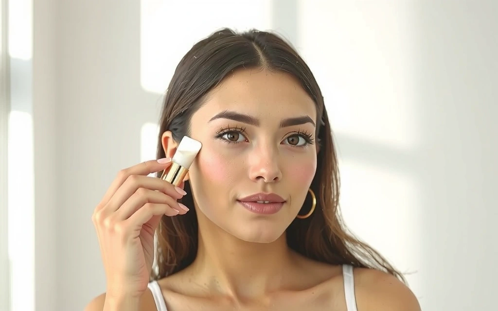 Donna elegante che applica un cosmetico naturale, con espressione serena