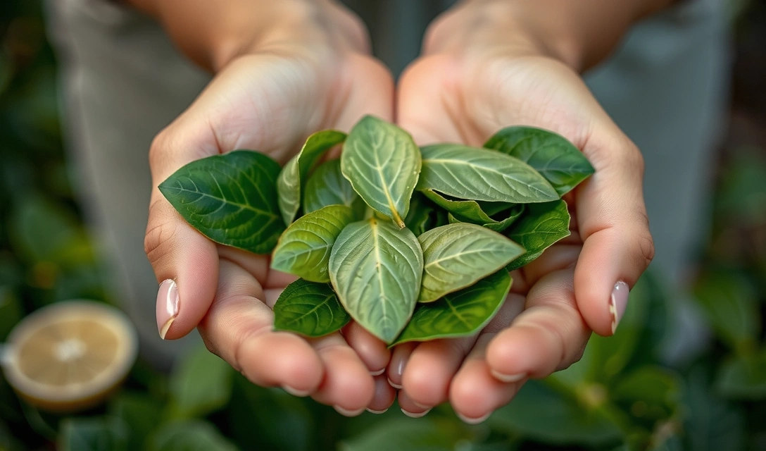 Mani che tengono foglie verdi fresche, simbolo di ingredienti naturali e cura
