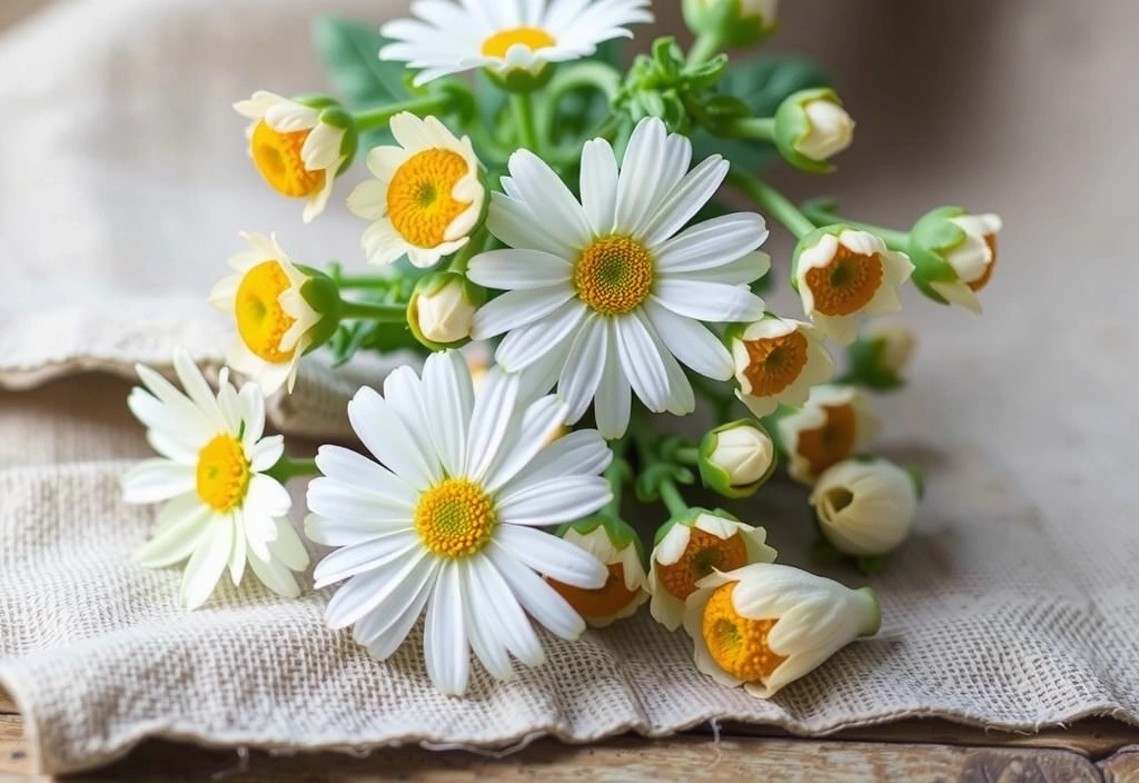 Fiori di Camomilla freschi su un panno di lino naturale, con un'atmosfera rilassante.