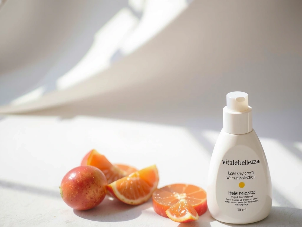 Crema giorno leggera VitaleBellezza con protezione solare, un flacone bianco con un tocco di sole.