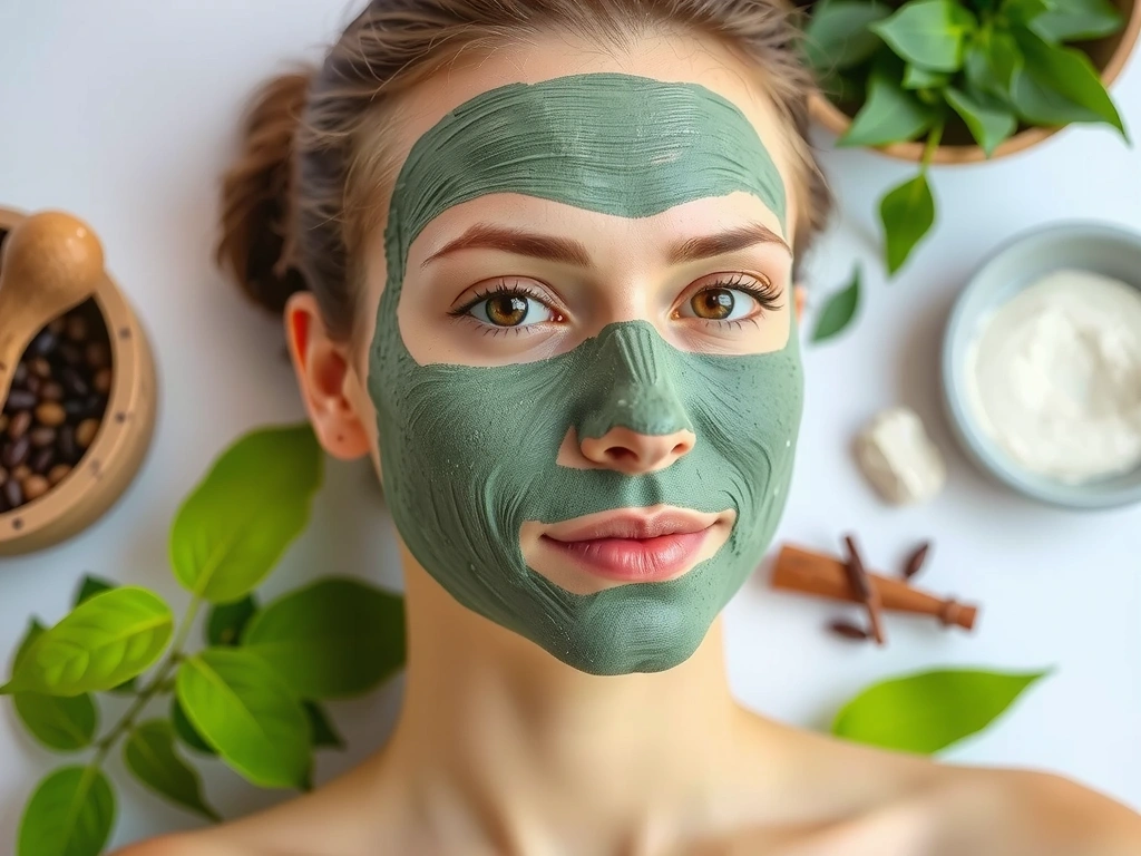 Maschera Viso Detox VitaleBellezza, una maschera all'argilla verde applicata su un viso, con ingredienti naturali intorno.