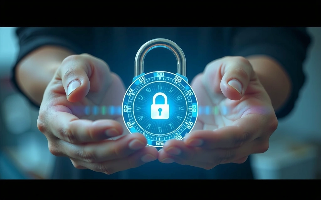 Mani che tengono un lucchetto digitale, simbolo di sicurezza e protezione dei dati.