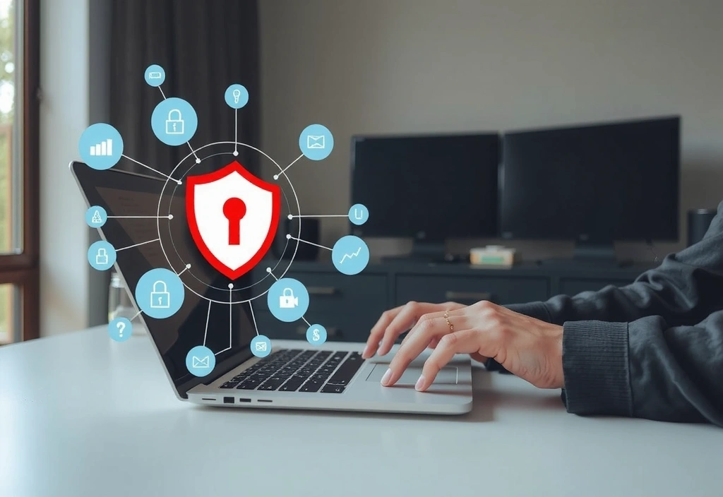 Persona che naviga in sicurezza su un laptop con icone di protezione dati