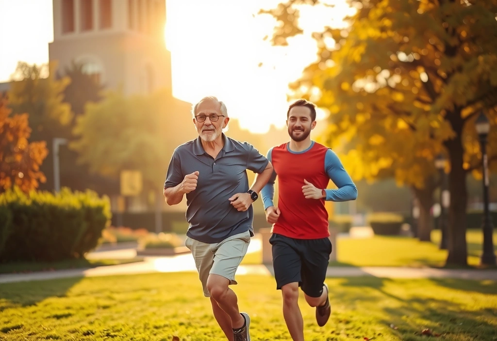 Uomo anziano e giovane che corrono insieme, simbolo di energia e longevità